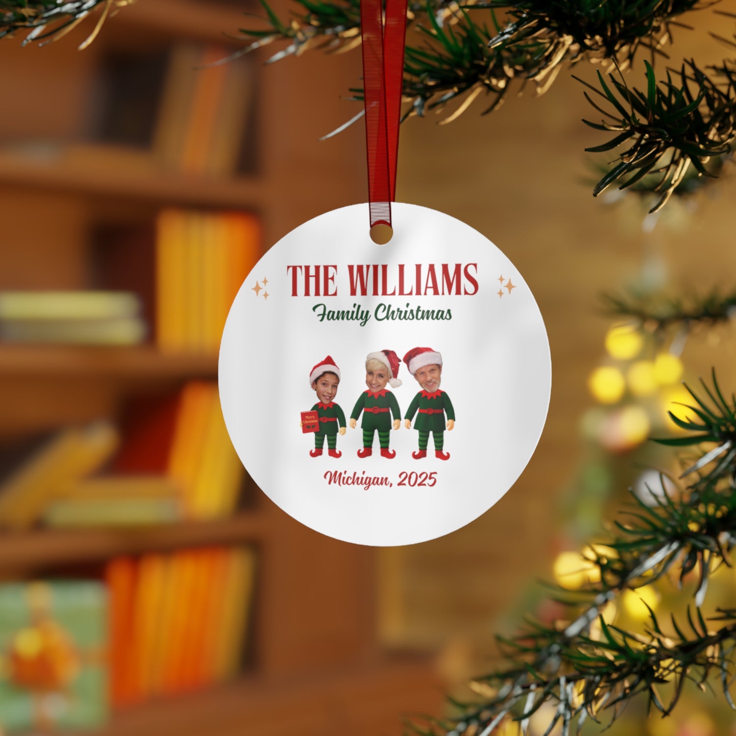 Personalized Metal Ornament - Family Christmas Photo Elf Ornament, Custom Names & Year